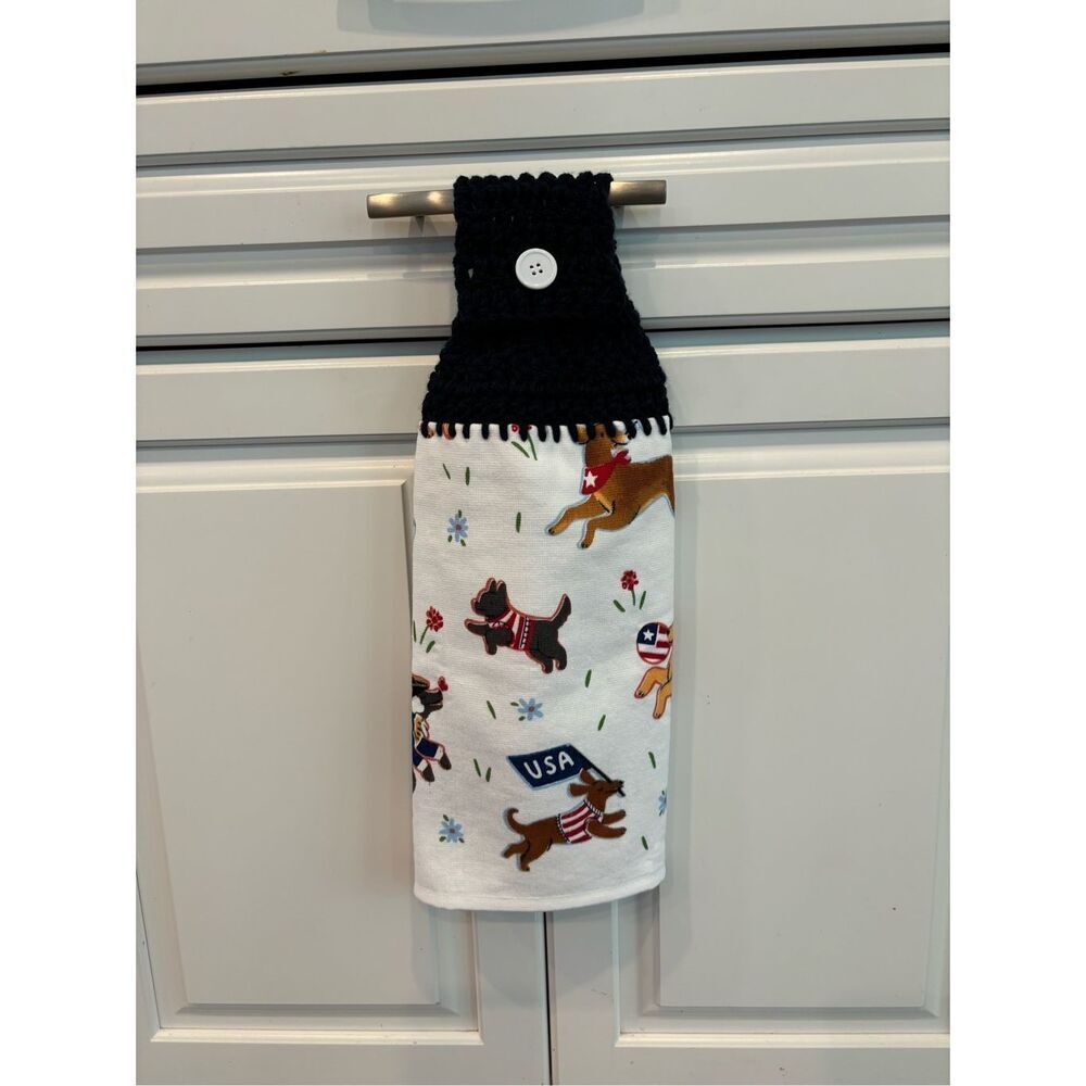 Crochet Top Kitchen Towel- Patriotic dogs